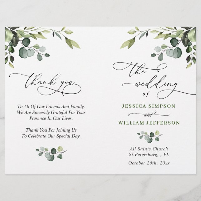 Elegantes Eucalyptus Watercolor Boho Hochzeitsprog (Vorderseite)