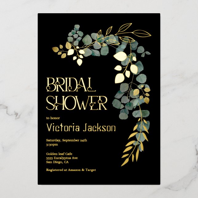Elegantes Eukalyptus-Blätter-Brautparty Folieneinladung (Vorderseite)