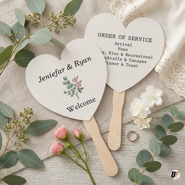Elegantes Eukalyptus-Blumenherz-Hochzeitsprogramm Fächer (Von Creator hochgeladen)