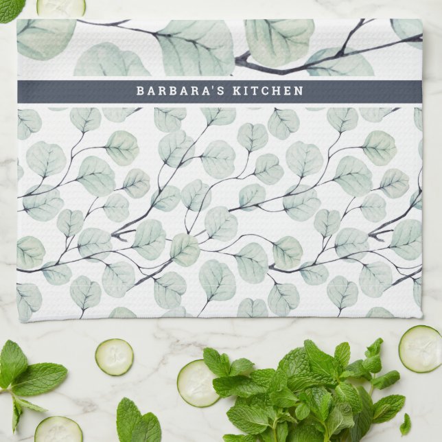 Elegantes Eukalyptus Botanisches Monogramm Geschirrtuch (Gefaltet)