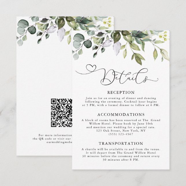Elegantes Eukalyptus-Grün QR-Code-Hochzeit Begleitkarte (Vorne/Hinten)