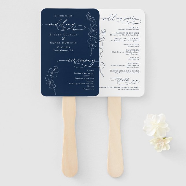 Elegantes Eukalyptus-Navy-Blau-Hochzeitsprogramm Fächer (Vorne und Hinten)