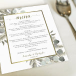 Elegantes Eukalyptus & Pine Budget Wedding Menu<br><div class="desc">Diese preiswerten und freundlichen Hochzeitsmenüs sind die perfekte Wahl für Klasse, Stil und Schönheit. Das elegante Design mit handgemalten Aquarellfarben-Eukalyptus-Blätter und Kiefernästen in bestickten Salbei- und Goldtönen. Die Typografie zeigt extravagante Skriptkalligraphie, und es gibt eine wunderschöne goldene Imitat-Folie. Eine wunderbare Art, Ihren Hochzeitsempfang mit Raffinesse und Schönheit zu bereichern, ohne...</div>
