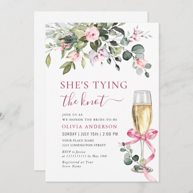 Elegantes Eukalyptus Pink Blush Blume Brautparty Einladung (Vorne/Hinten)