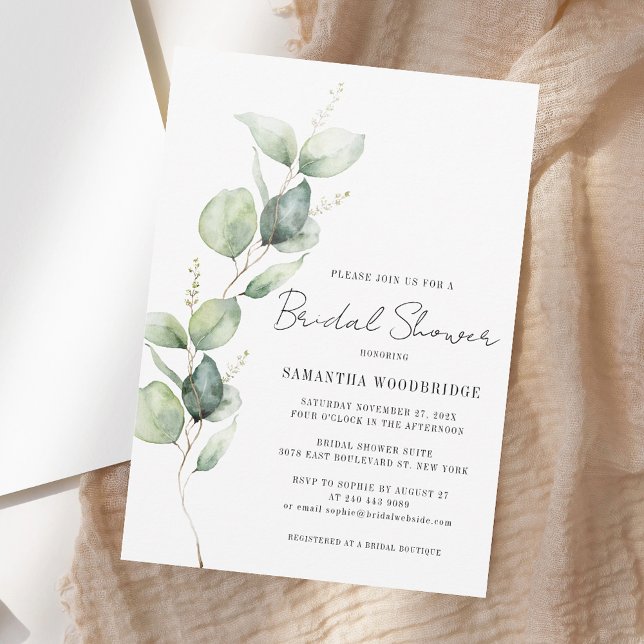 Elegantes Eukalyptus-Script-Brautparty Einladung (Elegant Watercolor Eucalyptus Script Bridal Shower Invitation)