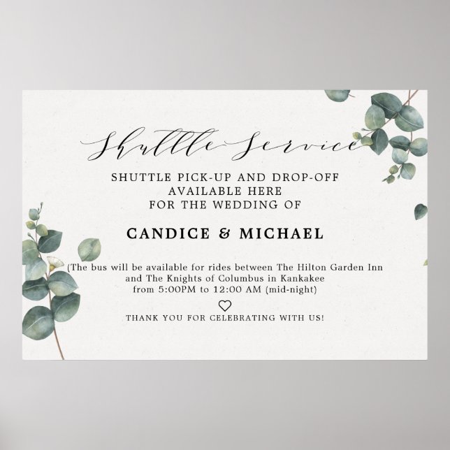 Elegantes Eukalyptus Shuttle Service Wedding Sign Poster (Vorne)