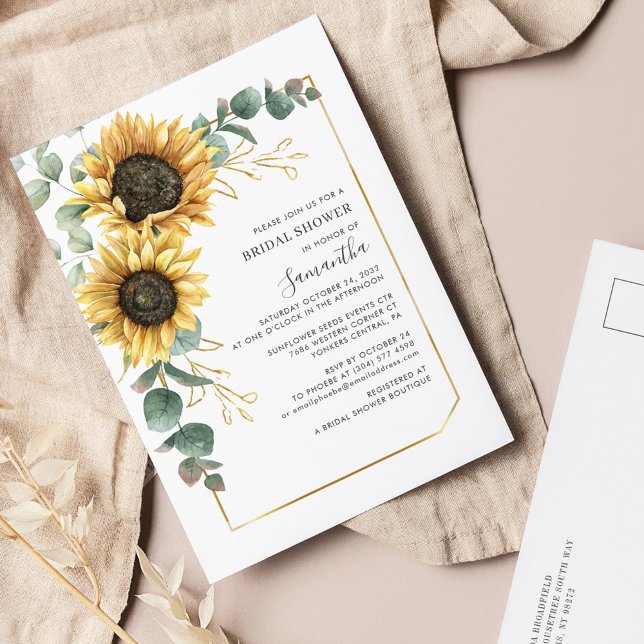 Elegantes Eukalyptus Sonnenblumen Brautparty Einladungspostkarte (Sunflower Floral Eucalyptus Geometric Bridal Shower Invitation Postcard)