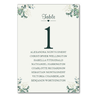 Elegantes Eukalyptus-Tischschild mit Gästeliste Tischnummer