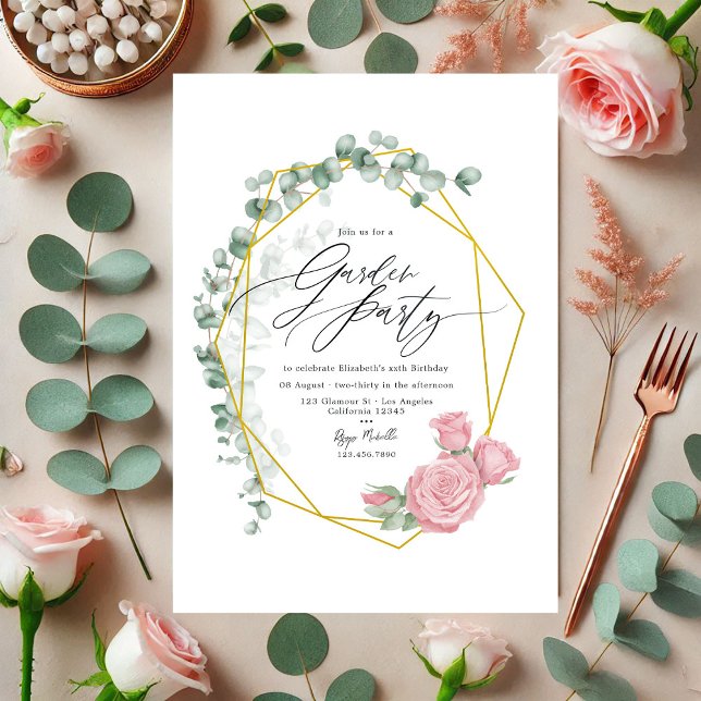 Elegantes Eukalyptus- und Rosengarten-Party Einladung (Elegant Eucalyptus and Pink Roses Garden Party Invitation)