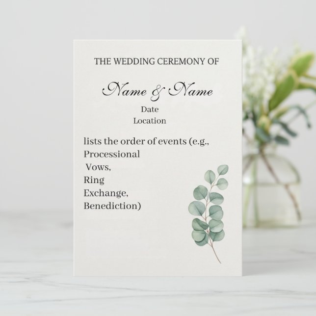 Elegantes Eukalyptus Watercolor Hochzeitsprogramm Programm (Stehend Vorderseite)