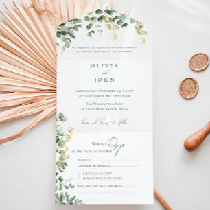 Elegantes Eukalyptuslaub Gold Grün Hochzeit All In One Einladung