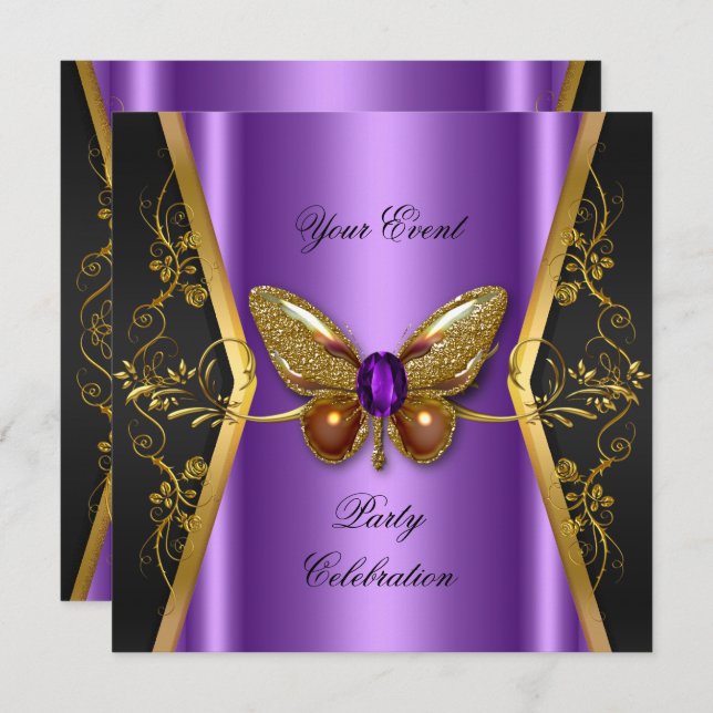 Elegantes Event-Party Lila Gold Butterfly Einladung (Vorne/Hinten)