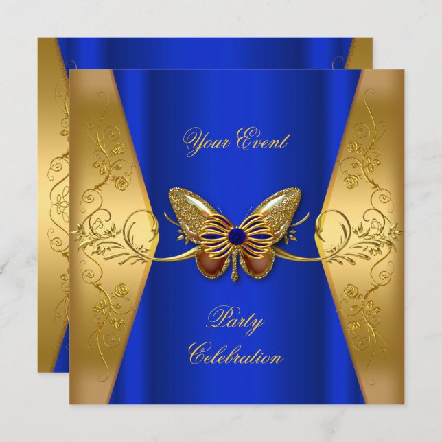 Elegantes Event Party Royal Blue Gold Butterfly Einladung (Vorne/Hinten)