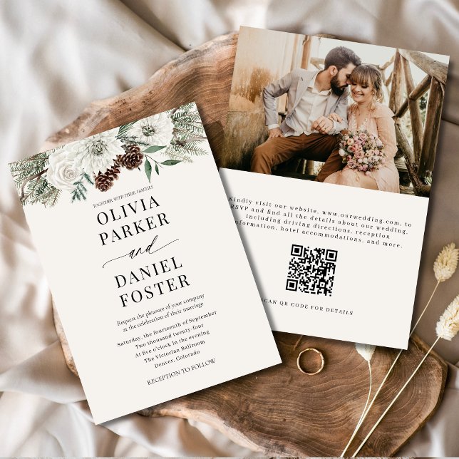 Elegantes Evergreen Winter Foto QR Code Hochzeit Einladung (Von Creator hochgeladen)