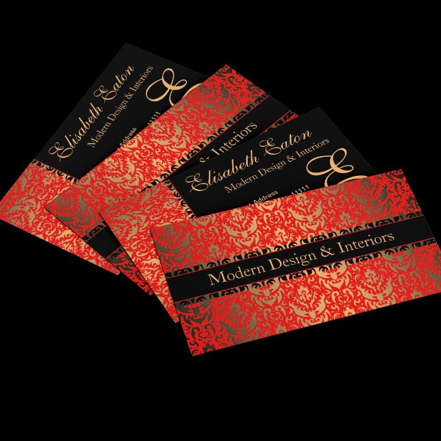 Elegantes Extravagantes Design in Rot, Gold und Sc Visitenkarte (Von Creator hochgeladen)