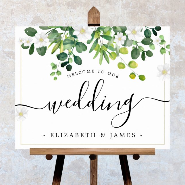 Elegantes Extravagantes Script Watercolor Grüne Ho Poster (Elegant Wedding Welcome Wedding Sign. Watercolor Eucalyptus design. Stylish calligraphy script.)