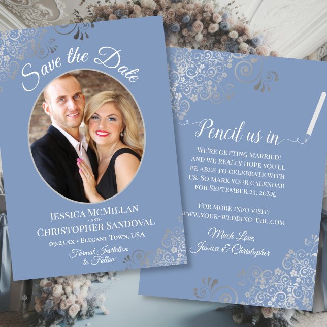 Elegantes Extravagantes Silver & Dusty Blue Foto H Save The Date (Front/Back)