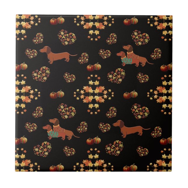 Elegantes Fall-Dackel-Muster: Herbstblüten Fliese (Vorderseite)