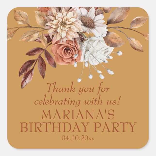 Elegantes Fall Floral Gold Gastgeschenk Quadratischer Aufkleber (Vorderseite)
