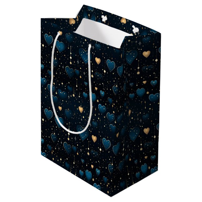 Elegantes Falling kosmischer Herzen in Blau und Go Mittlere Geschenktüte (Rückseite Schrägansicht)