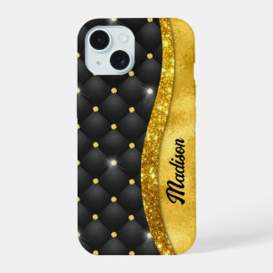 Elegantes falsches Gold Glitter schwarzes Diamant- iPhone 15 Hülle