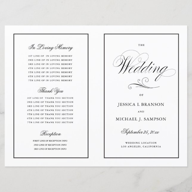 Elegantes Falt-Hochzeitsprogramm mit schwarzer Umr (Vorderseite)