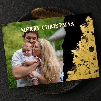 Elegantes Familienfoto goldener Baum schwarz Folien Feiertagskarte