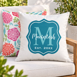 Elegantes Familienmonogramm in Türkis mit Anfangsb Kissen