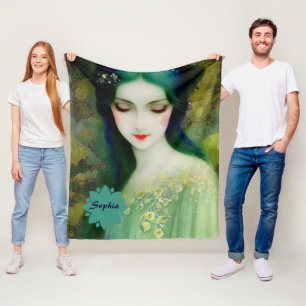 Elegantes Fantasy Frauenportrait in Grün und Blau Fleecedecke
