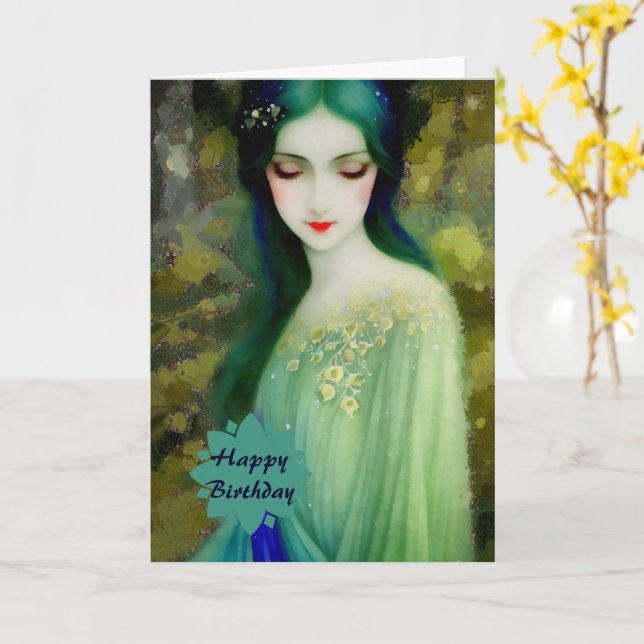 Elegantes Fantasy Frauenportrait in Grün und Blau Karte (Gelbe Blume)
