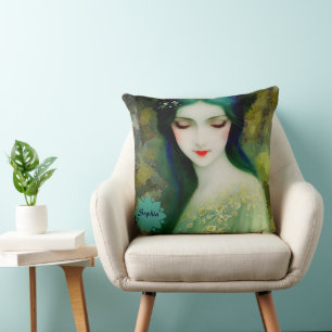 Elegantes Fantasy Frauenportrait in Grün und Blau Kissen