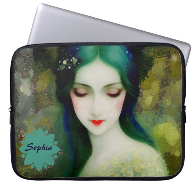 Elegantes Fantasy Frauenportrait in Grün und Blau Laptopschutzhülle (Vorderseite)