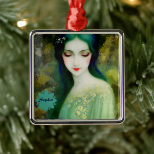 Elegantes Fantasy Frauenportrait in Grün und Blau Ornament Aus Metall