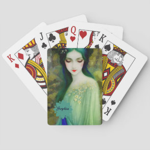 Elegantes Fantasy Frauenportrait in Grün und Blau Spielkarten