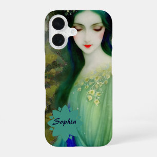 Elegantes Fantasy-Frauenporträt in Grün und Blau iPhone 16 Hülle