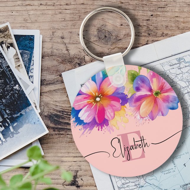 Elegantes farbiges, blumenrosa Monogramm Schlüsselanhänger (Von Creator hochgeladen)