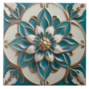 Elegantes Faux-Relief-Blumen-Türkis-Weiß & Gold Fliese