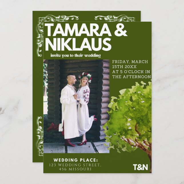 Elegantes, feines, waldgrünes slawisches Foto Hoch Einladung (Vorne/Hinten)
