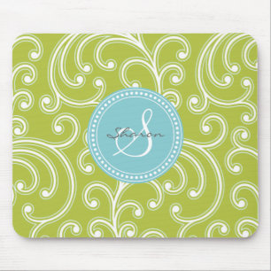 Elegantes, feminin-grünes Blumenmuster-Monogramm Mousepad