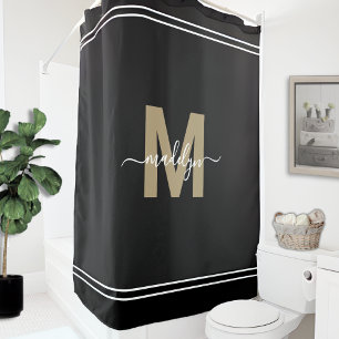 Elegantes Feminines Schwarzes Gold Monogramm Schri Duschvorhang