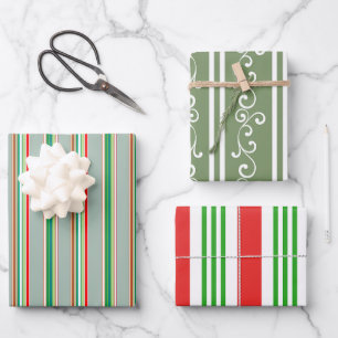 Elegantes festliches rot-grün gestreiftes Design f Geschenkpapier Set