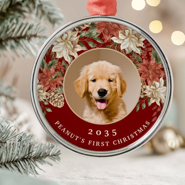 Elegantes First Christmas Dog Foto Ornament Aus Metall (Von Creator hochgeladen)