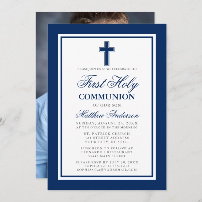Elegantes First Holy Communion Blue Silver Foto Einladung (Vorne/Hinten)
