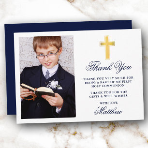 Elegantes First Holy Communion Foto Blue Gold Dankeskarte