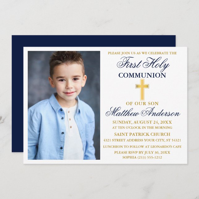 Elegantes First Holy Communion Foto Blue Gold Einladung (Vorne/Hinten)