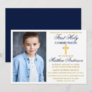 Elegantes First Holy Communion Foto Blue Gold Einladung