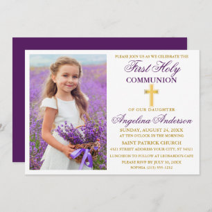 Elegantes First Holy Communion Foto Lila Gold Einladung