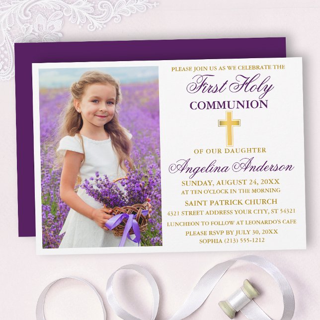 Elegantes First Holy Communion Foto Lila Gold Einladung (Customize to change text color,  size, style or to change color of back of card.)