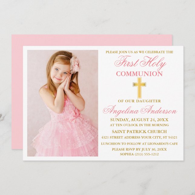 Elegantes First Holy Communion Foto Pink Gold Einladung (Vorne/Hinten)