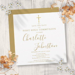 Elegantes First Holy Communion Gold Save the Date Ankündigung